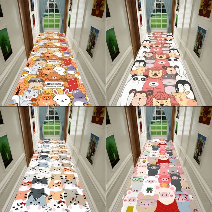 Estilo Infantil Tapete de Poliéster con Patrón de Animales Alfombra Multicolor Antideslizante para Pasillo