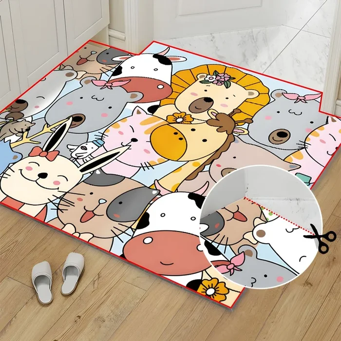 Estilo Infantil Tapete PVC Antideslizante con Patrón de Animales Alfombra de Área Multicolor para Entrada