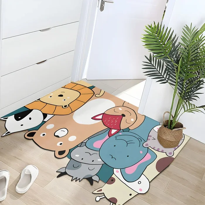 Estilo Infantil Tapete PVC Antideslizante con Patrón de Animales Alfombra de Área Multicolor para Entrada – Azul 100 x 140 cm
