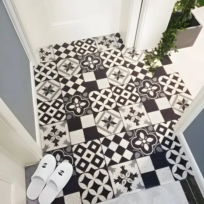 Estilo Marroquí Alfombra de Área PVC con Patrón de Azulejos Tapete Multicolor Lavable a Máquina para Corredor – Negro-blanco 60 x 120 cm