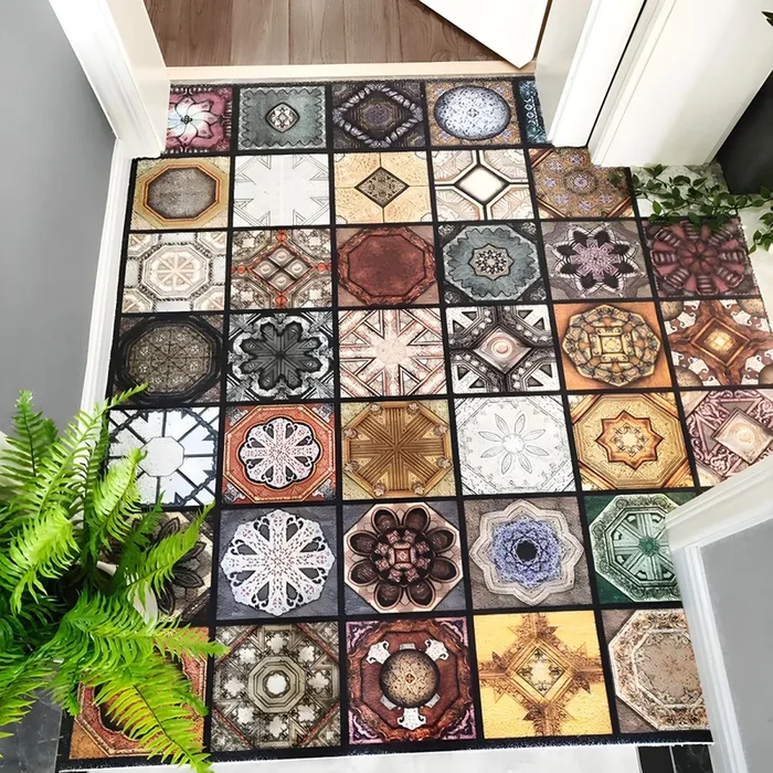 Estilo Marroquí Alfombra de Área PVC con Patrón de Azulejos Tapete Multicolor Lavable a Máquina para Corredor – Marrón 80 x 120 cm