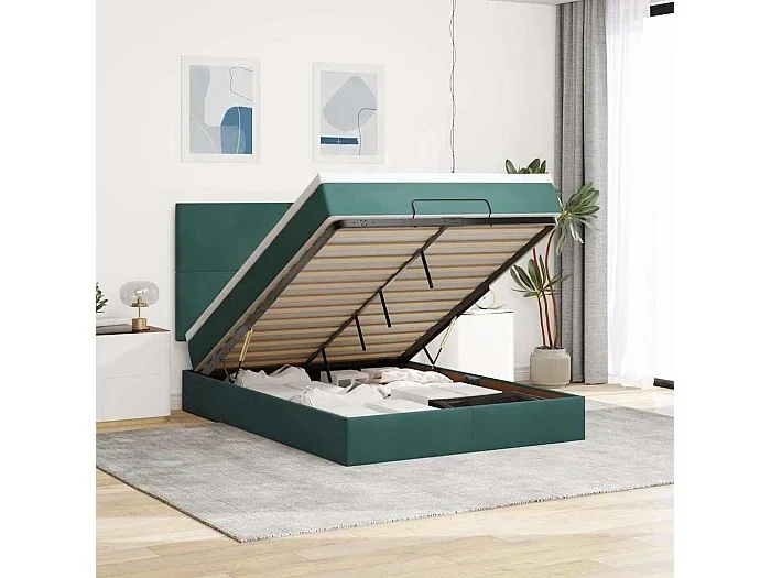 Estructura cama otomana colchones terciopelo verde oscuro