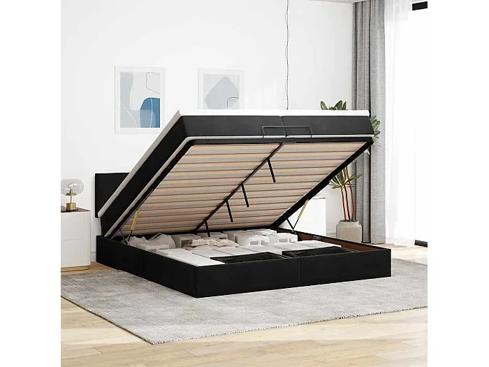 Estructura cama otomana con colchón terciopelo negra 200×200 cm