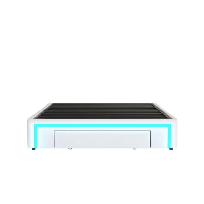 Estructura de cama 140×200 – con cajones, sin cabecero, con tira LED, plataforma de metal para dormitorio moderno – Beige