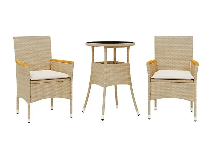 Eudes Set comedor jardín 3 pzas cojines ratán sintético vidrio beige