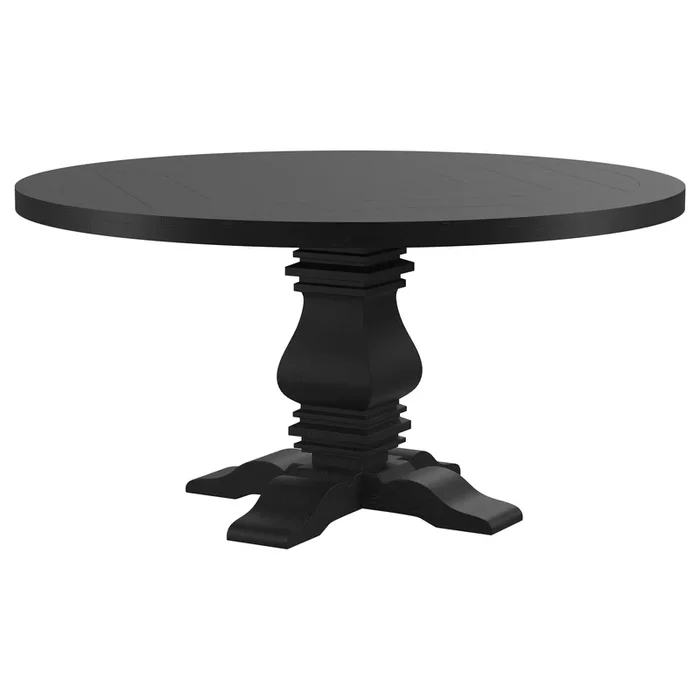 Florence Antique Black Round Pedestal Dining Table with Planked Wood Top