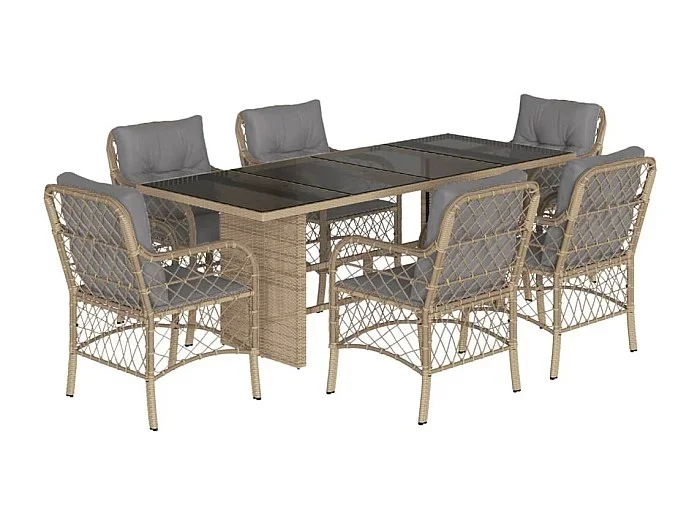 Fort Bragg Set comedor de jardín 7 pzas con cojines ratán sintético beige