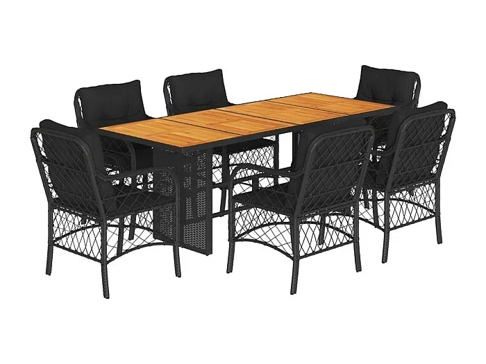 Fort Bragg Set de comedor de jardín 7 pzas y cojines ratán sintético negro