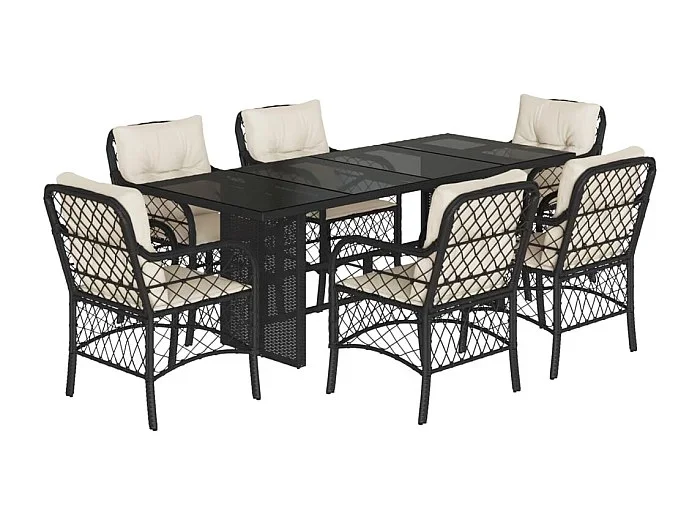 Fort Bragg Set de comedor de jardín 7 pzas y cojines ratán sintético negro