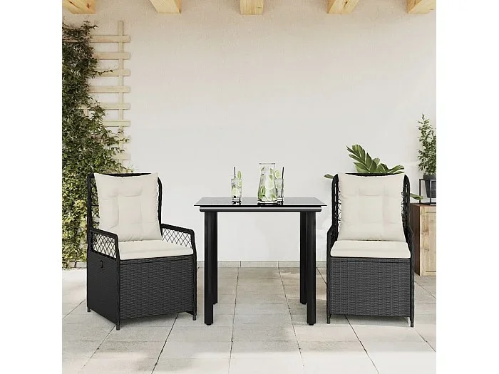 Garden Furniture – Set comedor de jardín 3 pzas con cojines ratán sintético negro