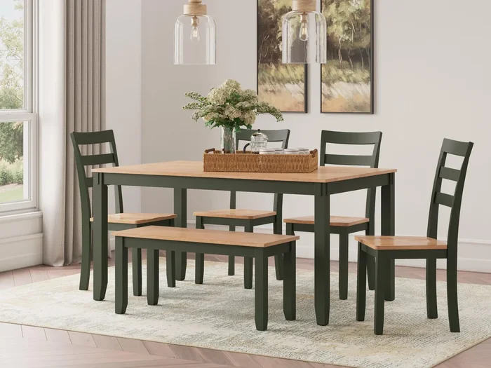 Gesthaven Natural/Green Dining Table with 4 Chairs and Bench