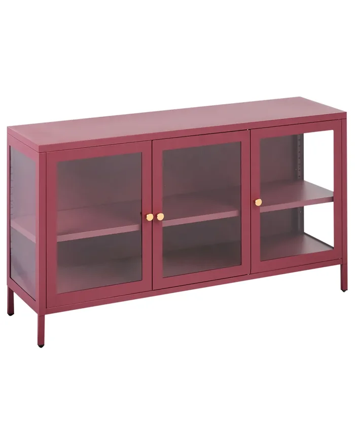 Glass Display Sideboard NEWPORT Metal 115 cm Dark Red