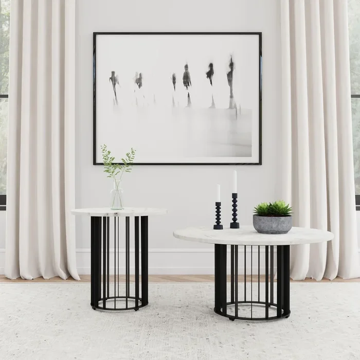 Haven Black 2-Piece Round Marble Coffee and End Table Set