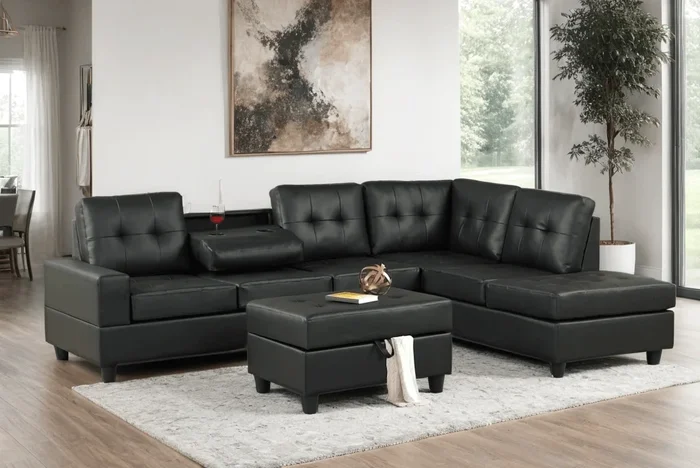 Heights Black Faux Leather Reversible Sectional & Storage Ottoman