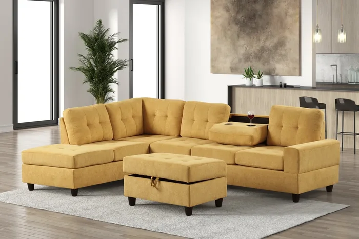 Heights Mustard Reversible Sectional & Storage Ottoman