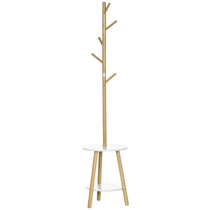 HOMCOM 2 en 1 Perchero de Pie de Bambú Perchero Árbol de Pasillo con 2 Estantes 5 Ganchos para Ropas Bolsas y Marco de Aluminio para Entrada Dormitorio 39,5×39,5×171 cm Natural