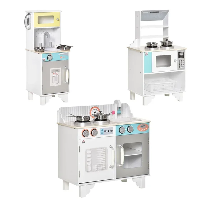 HOMCOM 3 Cocinas de Juguete de Madera para Niños de +3 Años Cocinita Infantil con Teléfono Accesorios Estantes Armarios Dispensador de Agua y Microondas 57x28x55 cm Blanco
