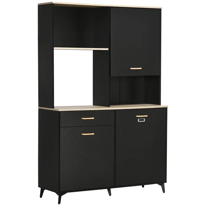 HOMCOM Alacena de Cocina Aparador de Comedor con 1 Cajón 3 Puertas y Almacenamiento Abierto Mueble Auxiliar para Microondas de Estilo Moderno 119x41x180 cm Negro