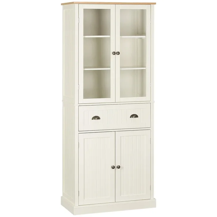HOMCOM Alacena de Cocina Despensa Armario de Cocina con 2 Puertas de Vidrio 1 Cajón y Baldas Ajustables Aparador para Comedor Salón 76x40x182,5 cm Crema