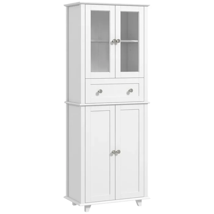 HOMCOM Alacena de Cocina Despensa Armario de Cocina con 2 Puertas de Vidrio Templado Cajón y Estantes Ajustables Aparador para Comedor 61x35x168,5 cm Blanco