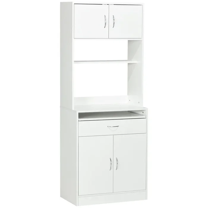 HOMCOM Alacena de Cocina Mueble Aparador Auxiliar con 4 Puertas Bandeja Extraíble Estante Ajustable Cajón y Encimera de Microondas Abierta 70x40x180 cm Blanco