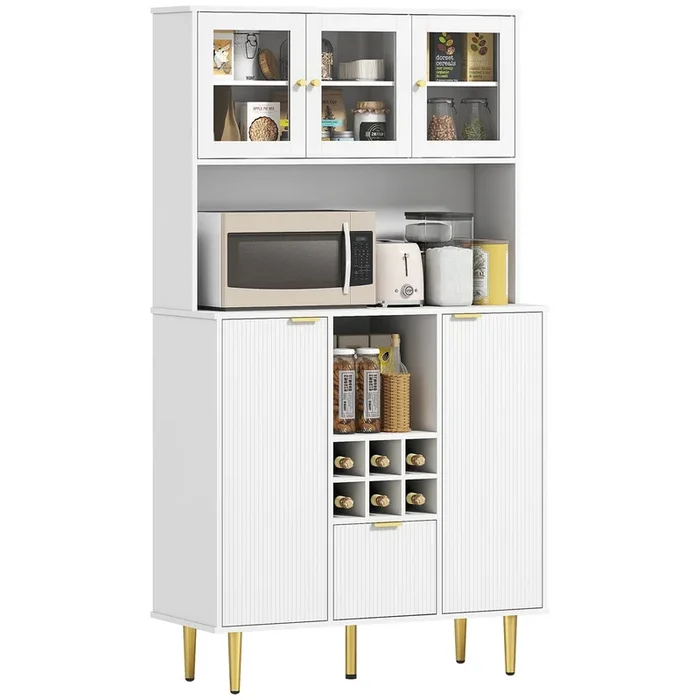 HOMCOM Alacena de Cocina Mueble Auxiliar de Cocina Aparador Alto con 3 Puertas de Vidrio Botellero Cajón Estantes Ajustables y Compartimentos Abiertos 100x40x180 cm Blanco