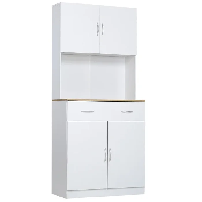 HOMCOM Alacena de Cocina Mueble Auxiliar de Cocina con Puertas Cajón y Estantes Ajustables Antivuelco para Comedor Salón 80x40x180 cm Blanco