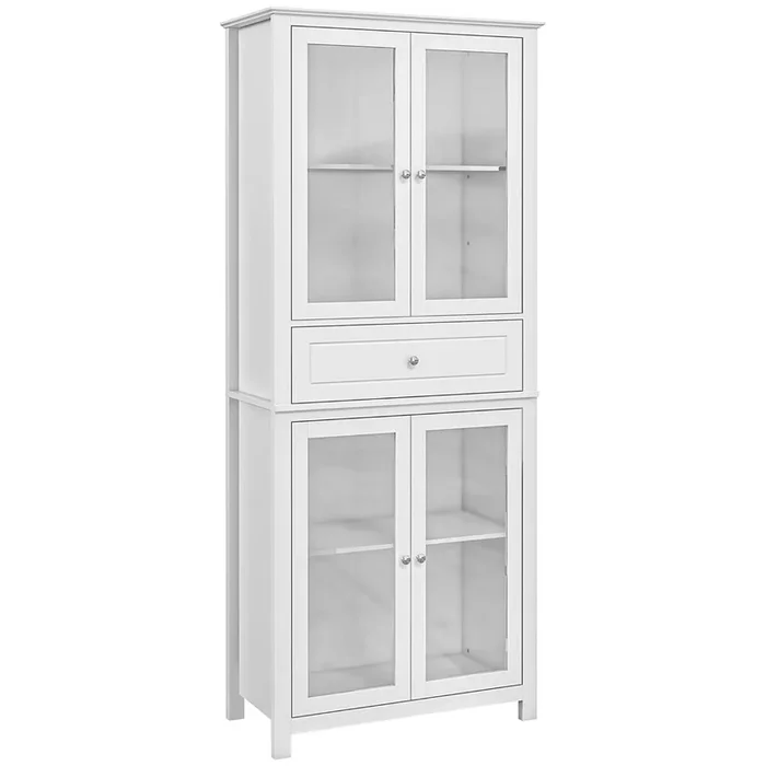 HOMCOM Alacena de Cocina Mueble Vitrina con 4 Puertas de Vidrio Templado Cajón y Estantes Ajustables para Salón Comedor 74×35,5×181,5 cm Blanco