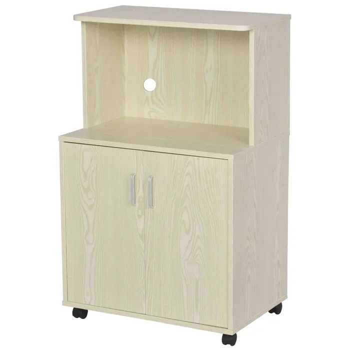 HOMCOM Aparador Auxiliar para Microondas Armario Bajo de Cocina con Armario de 2 Puertas y Estante Ajustable con Ruedas Carga 70 kg 60,4×40,3×97 cm Roble