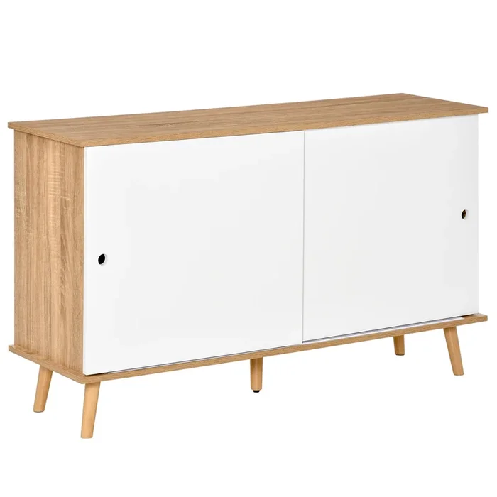 HOMCOM Aparador de Cocina Buffet para Salón con 2 Puertas Correderas Estantes Interiores Ajustables y Patas de Madera 130x40x74,5 cm Natural y Blanco