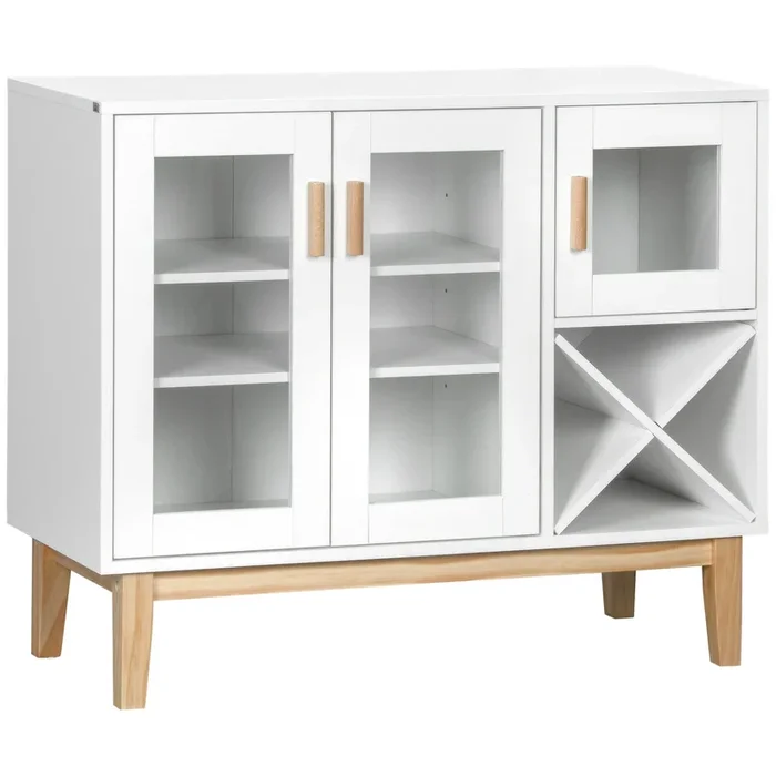 HOMCOM Aparador de Cocina con Botellero Mueble Buffet Auxiliar con 3 Puertas de Vidrio y Botellero en Forma X para 4 Botellas para Comedor Estilo Moderno Antivuelco 90x37x75 cm Blanco
