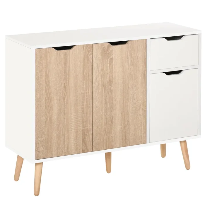 HOMCOM Aparador Moderno Aparador para Salón con 3 Puertas y Cajón Mueble Auxiliar para Salón Cocina Dormitorio 90x30x72 cm Blanco y Natural
