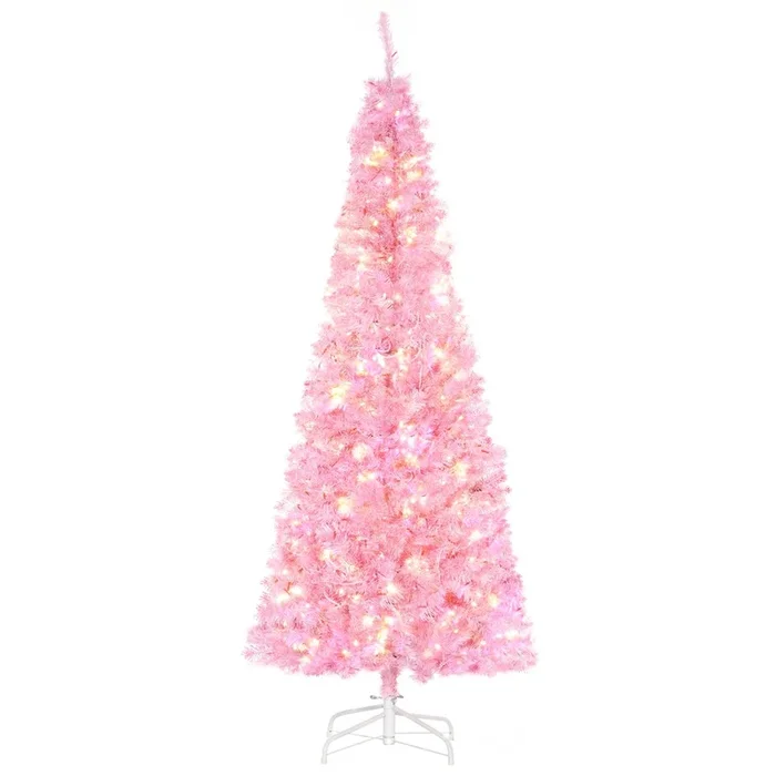 HOMCOM Árbol de Navidad 180 cm Árbol de Navidad con Luces LED 618 Ramas Hojas Apertura Automática Base Plegable y Soporte Metálico Decoración Navideña para Interiores Rosa