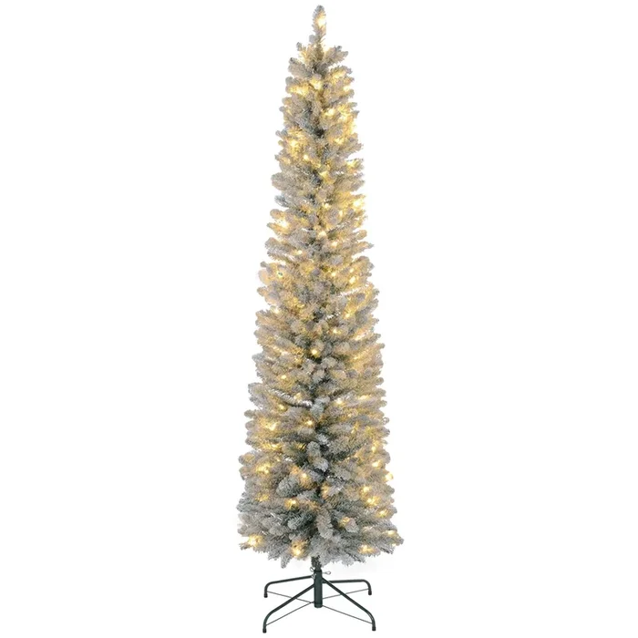 HOMCOM Árbol de Navidad 210 cm Árbol de Navidad Artificial Nevado con 180 Luces LED 405 Ramas y Patas de Metal Árbol Navideño para Salón Verde y Blanco