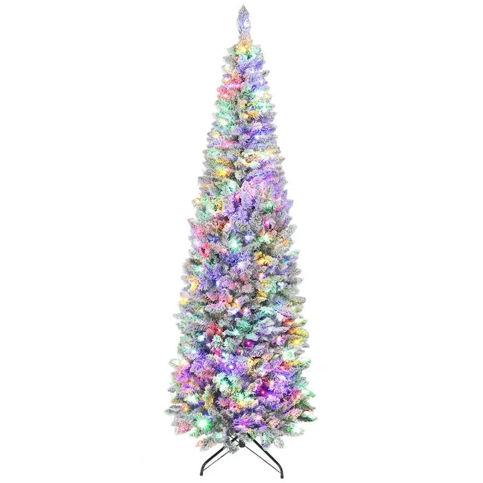 HOMCOM Árbol de Navidad Estrecho 210 cm, Árbol de Navidad Nevado con Luces LED Bicolores, 11 Modos de Iluminación, 687 Ramas, Soporte Metálico, Fácil de Montar, Verde