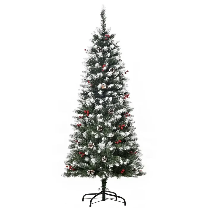 HOMCOM Árbol de Navidad Plegable 150 cm con Nieve 408 Ramas 25 Bayas 21 Piñas Hojas Apertura Automática y Soporte Metálico Decoración Navideña para Interior Verde