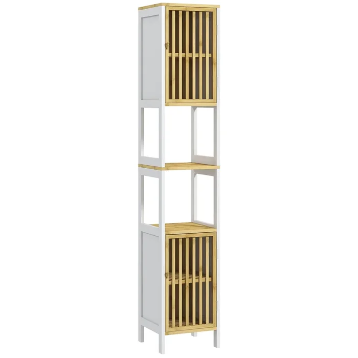 HOMCOM Armario Alto de Baño Columna de Baño Mueble Auxiliar de Baño con 2 Compartimentos Abiertos 2 Puertas de Rejilla y Estantes Ajustables 32x30x172 cm Blanco
