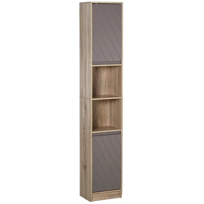 HOMCOM Armario Alto para Baño Columna de Baño con 2 Puertas y 2 Estantes Abiertos Mueble Auxiliar de Almacenaje para Salón Recibidor 30x24x170 cm Roble y Gris