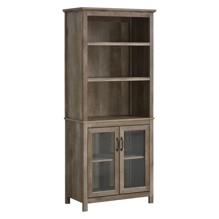 HOMCOM Armario de Libros Librería de Salón con 2 Puertas de Vidrio Estante Abierto de 3 Niveles y Estante Ajustable para Oficina Estudio 76x40x180 cm Natural