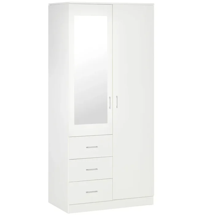 HOMCOM Armario Ropero de 2 Puertas con Espejo 3 Cajones Estantes Ajustables y Barra para Colgar Incluida Mueble Auxiliar para Dormitorio Habitación 80x50x180 cm Blanco