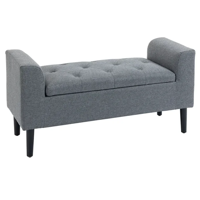 HOMCOM Banco Pie de Cama Acolchado con Espacio de Almacenaje Banqueta Multifuncional con Brazos Tapa Abatible y Patas de Madera para Dormitorio Salón 116x44x58 cm Gris