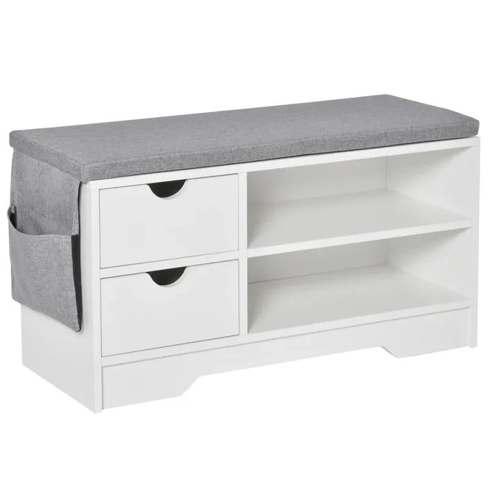 HOMCOM Banco Zapatero con Asiento 2 Estantes Bolso Cojín Extraíble y 2 Cajones Banco Recibidor Capacidad para 4 Pares de Zapatos para Entrada Pasillo Moderno 80,5×30,5×43,5 cm Blanco y Gris