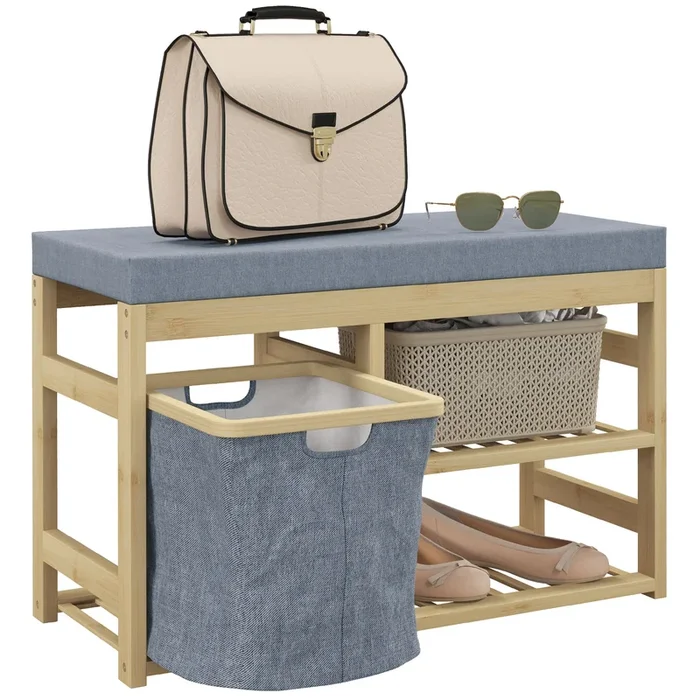 HOMCOM Banco Zapatero de Bambú Mueble Zapatero con Asiento Cesta Extraíble y Estantes Abiertos para 4 Pares de Zapatos Banco Zapatero para Entrada Recibidor Pasillo 69x30x45 cm Natural