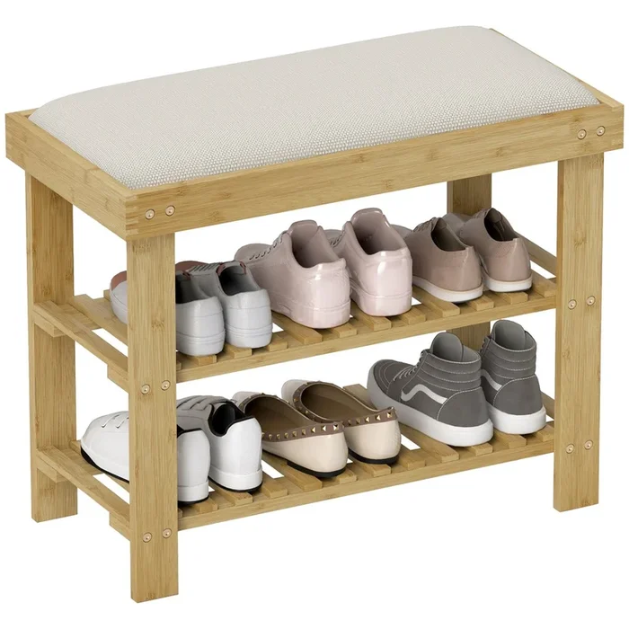 HOMCOM Banco Zapatero de Bambú Zapatero con Asiento Acolchado 2 Estantes para 6 Pares de Zapatos para Entrada Dormitorio 60x29x49 cm Natural y Crema