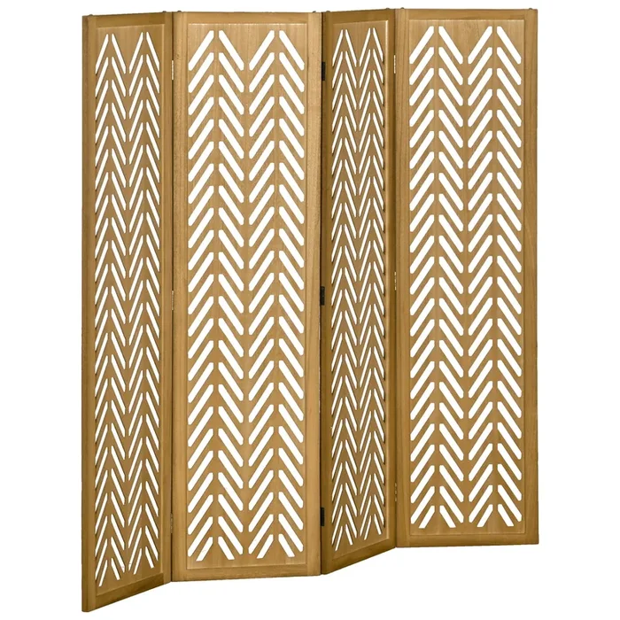 HOMCOM Biombo de 4 Paneles Separador de Ambientes Plegable 160×1,7×170 cm Divisor de Habitación de Madera con Patrones Geométricos para Oficina Dormitorio Natural