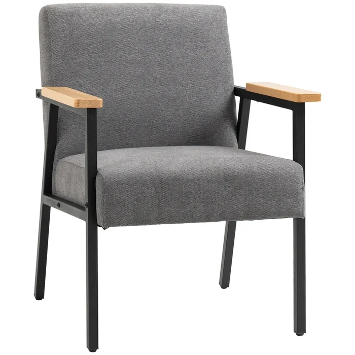 HOMCOM Butaca de Salón Sillón Decorativa Moderna Tapizado en Poliéster con Reposabrazos de Madera y Patas de Acero para Cocina Oficina Dormitorio 64,5x70x83,5 cm Gris