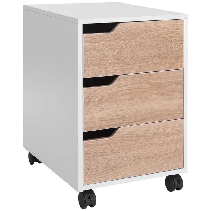 HOMCOM Cajonera de Oficina con Ruedas Mueble Archivador con 3 Cajones Cajonera para Escritorio Estudio 40x50x57,5 cm Roble y Blanco