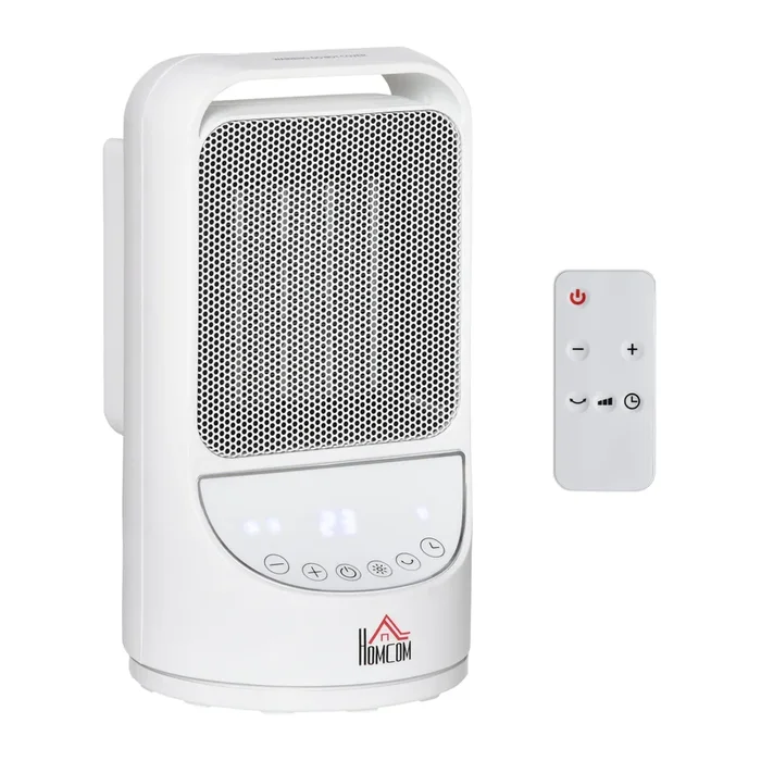 HOMCOM Calefactor Cerámico Portátil 2 Niveles de Potencia 750W/1500W con Mando a Distancia Temporizador de 12H 3 Modos de Viento y 45° Oscilación Silencioso Ø15×28 cm Blanco