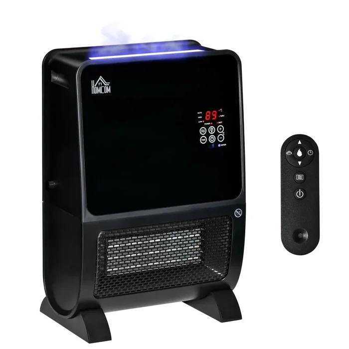 HOMCOM Calefactor Eléctrico Portátil 2000W 2 en 1 Radiador Cerámico con Humidificador Función de Desinfección Mando a Distancia Termostato Temporizador Luces LED para Sala de 30 m² 33x21x49,5 cm Negro