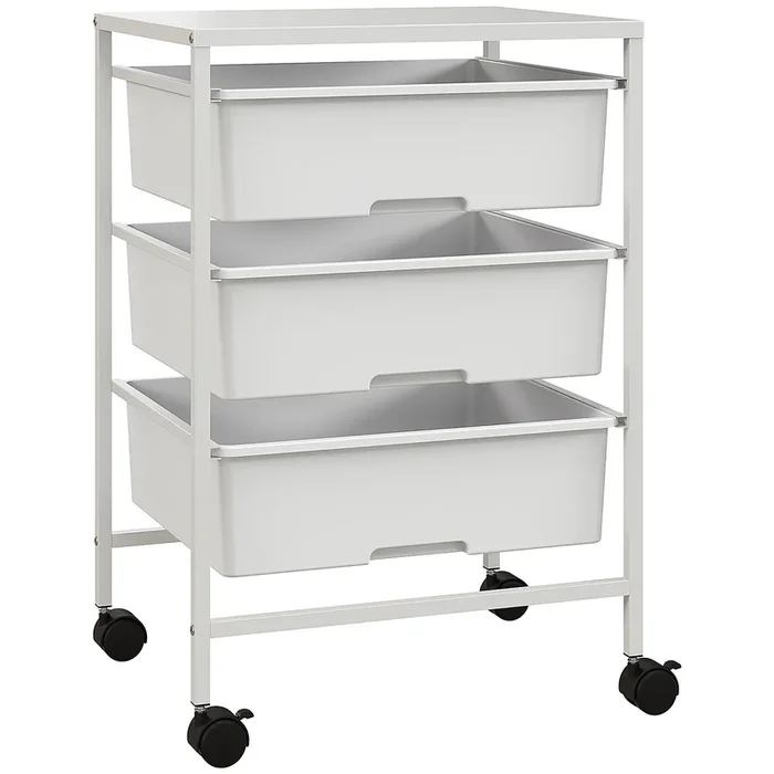 HOMCOM Carrito de Almacenamiento de 4 Niveles, Carrito de Cocina con Ruedas, 3 Cestas, Tablero y Marco de Acero, para Salón, Baño, Oficina, 40,8×33,5×60,5 cm, Blanco